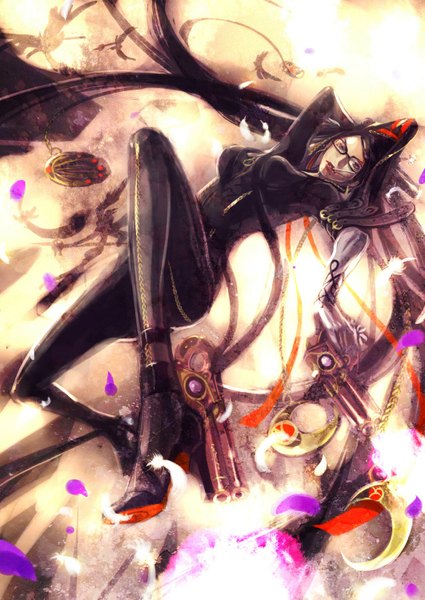 Anime picture 1062x1500 with bayonetta bayonetta (character) gin (oyoyo) long hair tall image black hair ponytail mole girl weapon petals glasses gun feather (feathers) cigarette