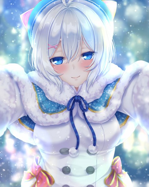 Anime picture 1500x1890 with virtual youtuber dennou shoujo youtuber shiro shiro (dennou shoujo youtuber shiro) aru gunsou single tall image looking at viewer blush fringe short hair breasts open mouth blue eyes hair between eyes large breasts silver hair light smile fur trim lens flare snowing