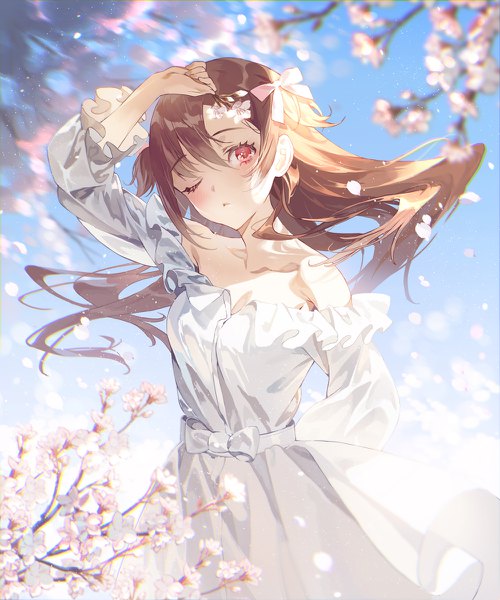 Anime picture 1000x1200 with original fajyobore single long hair tall image looking at viewer blush fringe hair between eyes red eyes brown hair bare shoulders outdoors one eye closed arm up wind two side up cherry blossoms arm behind back girl