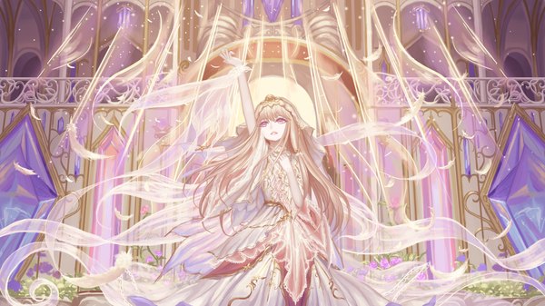 Anime picture 1920x1080 with original rinmmo single long hair fringe highres blonde hair hair between eyes wide image standing purple eyes parted lips arm up wide sleeves hand on chest light looking up girl dress white dress