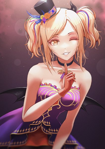 Anime picture 1360x1920 with love live! nijigasaki high school idol club sunrise (studio) love live! miyashita ai notinversion single tall image looking at viewer fringe short hair breasts blonde hair large breasts standing twintails bare shoulders yellow eyes payot one eye closed wink