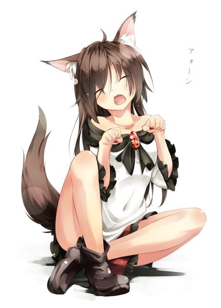Anime picture 1079x1500 with touhou imaizumi kagerou gorilla (bun0615) single long hair tall image blush open mouth simple background brown hair white background bare shoulders animal ears ahoge tail eyes closed nail polish animal tail fingernails teeth