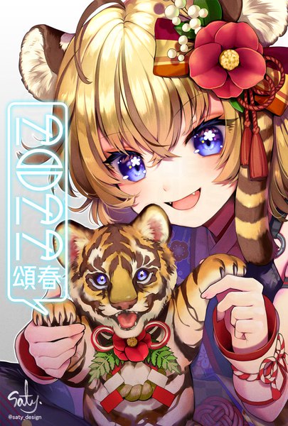 Anime picture 1181x1748 with original yukimichi (nieko) single tall image fringe short hair open mouth blonde hair hair between eyes purple eyes signed animal ears :d fang (fangs) twitter username new year 2022 tiger ears girl hair ornament