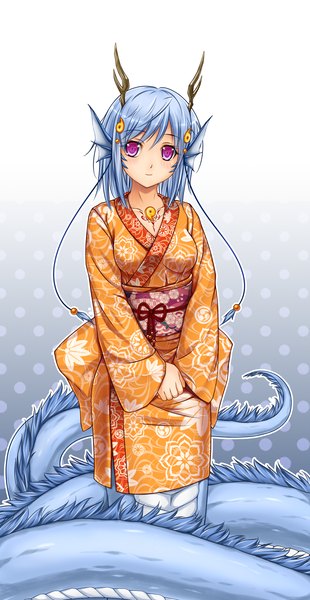 Anime picture 930x1800 with midnight (artist) single tall image blush short hair purple eyes blue hair looking away tail traditional clothes japanese clothes horn (horns) fantasy monster girl dragon girl girl dragon