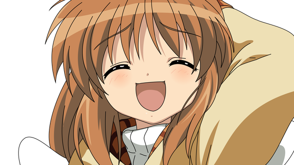 Anime picture 1920x1080 with kanon kyoto animation key (studio) tsukimiya ayu single long hair blush highres open mouth smile brown hair wide image eyes closed :d portrait arm behind head transparent background ^ ^ vector girl