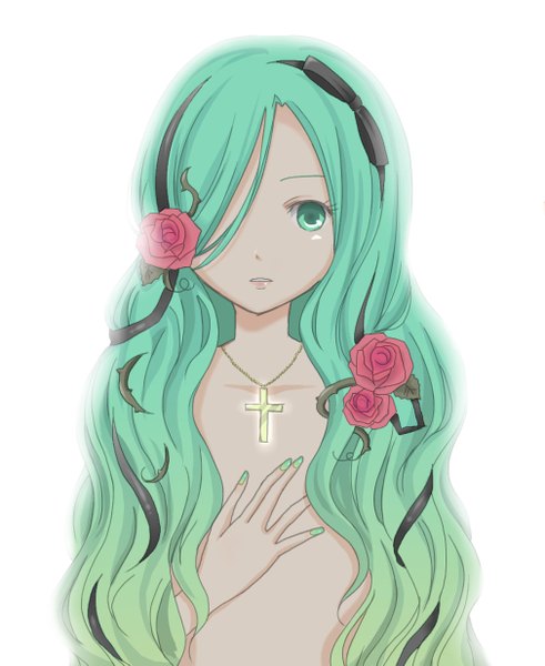 Anime picture 1009x1233 with vocaloid hatsune miku tall image looking at viewer fringe simple background white background very long hair nail polish hair flower aqua eyes fingernails hair over one eye aqua hair alternate costume alternate hairstyle hair over breasts girl hair ornament flower (flowers)