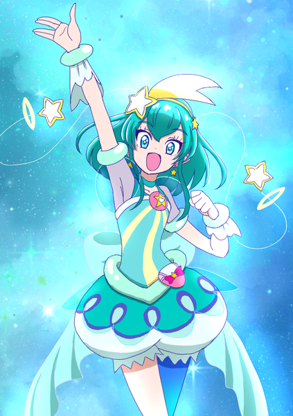 Anime picture 595x842 with precure star twinkle precure toei animation hagoromo lala cure milky mars oekaki single long hair tall image looking at viewer blush fringe open mouth simple background smile hair between eyes standing payot :d arm up