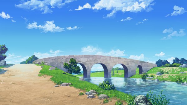 Anime picture 1280x720 with hyakka ryouran elixir senomoto hisashi wide image game cg sky cloud (clouds) river plant (plants) tree (trees) bridge