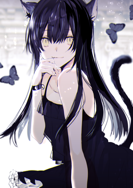Anime picture 800x1126 with original poni (rito) single long hair tall image looking at viewer fringe black hair smile hair between eyes standing bare shoulders animal ears yellow eyes payot upper body tail animal tail blurry cat ears