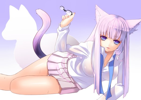 Anime picture 1200x850 with simple background purple eyes animal ears white hair tail shadow cat girl girl glasses cat