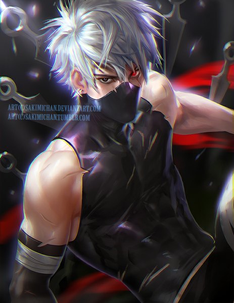 Anime picture 695x900 with naruto studio pierrot naruto (series) hatake kakashi sakimichan single tall image looking at viewer fringe short hair from above grey hair realistic sleeveless torn clothes watermark looking up sharingan boy weapon