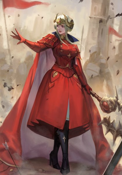 Anime picture 700x999 with fire emblem fire emblem: three houses nintendo edelgard von hresvelg phamoz tall image short hair standing purple eyes holding payot looking away silver hair full body horn (horns) high heels solo focus girl dress gloves