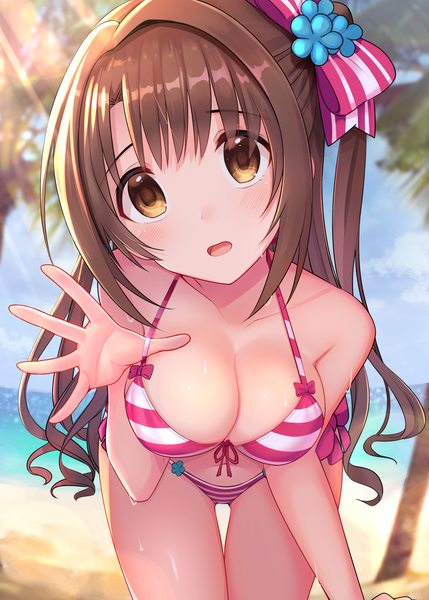Anime picture 1500x2098 with idolmaster idolmaster cinderella girls shimamura uzuki u rin single long hair tall image looking at viewer blush breasts open mouth light erotic brown hair large breasts head tilt leaning leaning forward one side up fisheye girl
