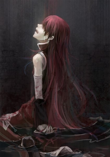 Anime picture 900x1280 with mahou shoujo madoka magica shaft (studio) sakura kyouko die (die0118) single long hair tall image open mouth red hair wet tears back rain crying screaming girl detached sleeves water boots blood