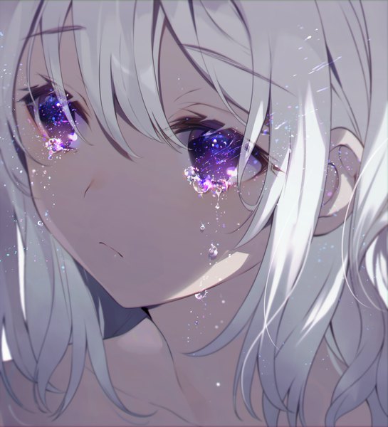 Anime picture 909x1000 with original achiki single long hair tall image fringe hair between eyes purple eyes bare shoulders looking away upper body white hair tears portrait face crying sad girl teardrop