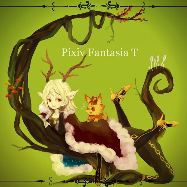Anime picture 2048x2048 with original pixiv fantasia pixiv fantasia t michikusa (michikusa nrnr) long hair highres open mouth blonde hair smile red eyes tail one eye closed horn (horns) wink legs text eyebrows green background girl plant (plants)