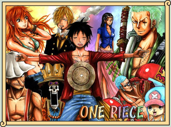 Anime picture 1036x771 with one piece toei animation nami (one piece) monkey d. luffy nico robin roronoa zoro sanji tony tony chopper usopp franky brook (one piece) fringe short hair black hair smile red eyes multiple girls white hair eyes closed green hair