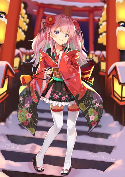 Anime picture 1000x1415 with original aliter single long hair tall image looking at viewer blush smile standing purple eyes twintails pink hair full body outdoors traditional clothes japanese clothes hair flower night wide sleeves floral print