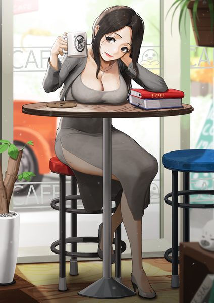 Anime picture 2480x3508 with original siha single long hair tall image fringe highres breasts light erotic black hair large breasts sitting holding looking away cleavage full body indoors long sleeves head tilt arm up