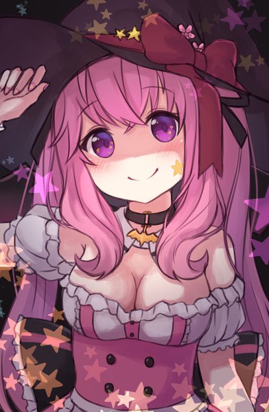 Anime picture 1100x1683 with virtual youtuber animare umori hinako maka neko single long hair tall image blush fringe breasts smile hair between eyes large breasts purple eyes bare shoulders pink hair cleavage upper body arm up facial mark