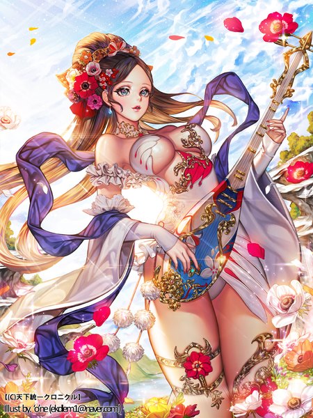 Anime picture 700x933 with tenka touitsu chronicle 'o'ne (ekdlem1) single long hair tall image blush fringe breasts blue eyes light erotic brown hair large breasts bare shoulders signed looking away sky cloud (clouds) nail polish parted lips hair flower