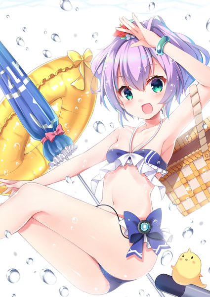 Anime picture 1075x1517 with azur lane manjuu (azur lane) javelin (azur lane) javelin (beach picnic!) (azur lane) karaage3 single tall image looking at viewer blush fringe short hair breasts open mouth light erotic simple background smile hair between eyes white background bare shoulders green eyes