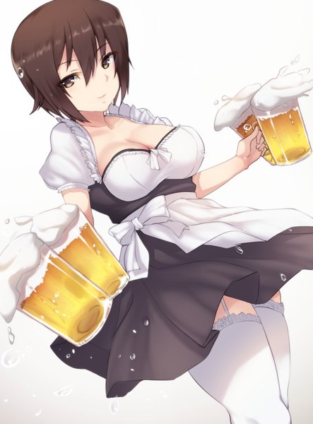 Anime picture 1000x1352 with girls und panzer nishizumi maho yamaori (yamaorimon) single tall image looking at viewer blush fringe short hair breasts light erotic simple background hair between eyes brown hair large breasts standing white background holding brown eyes cleavage