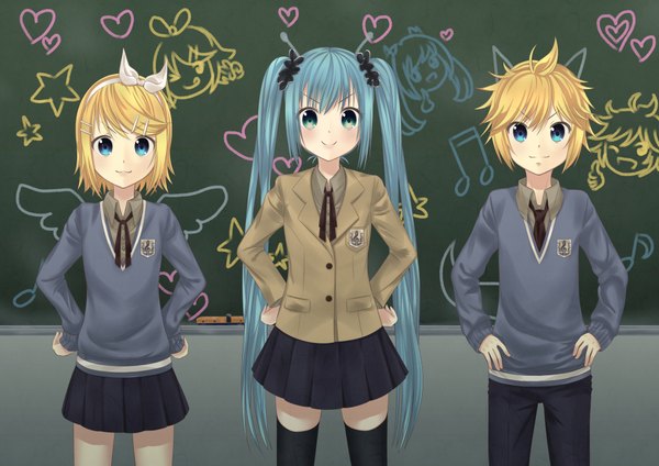 Anime picture 2000x1414 with vocaloid hatsune miku kagamine rin kagamine len aliceword long hair blush highres short hair blue eyes blonde hair smile twintails multiple girls aqua eyes aqua hair fake antlers fake wings girl thighhighs