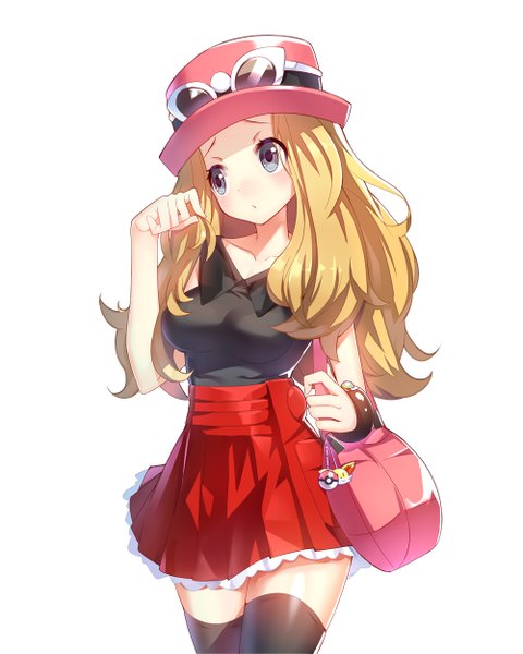 Anime picture 1000x1250 with pokemon pokemon xy nintendo serena (pokemon) fennekin ririko (zhuoyandesailaer) single long hair tall image blush simple background blonde hair white background looking away grey eyes sunglasses on head gen 6 pokemon girl thighhighs skirt