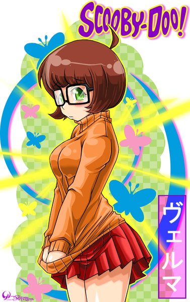 Anime picture 1385x2201 with scooby-doo velma dinkley (scooby-doo) darkness1999th single tall image blush short hair brown hair green eyes girl skirt glasses sweater