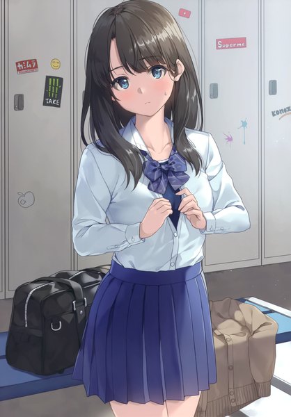 Anime picture 2097x3011 with original unasaka ryou single long hair tall image looking at viewer blush fringe highres blue eyes black hair standing indoors long sleeves head tilt pleated skirt scan sweatdrop undressing swimsuit under clothes