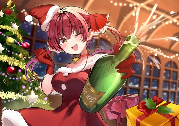 Anime picture 1600x1131 with virtual youtuber hololive houshou marine yoshioka pochi single long hair looking at viewer open mouth twintails yellow eyes red hair indoors one eye closed wink christmas ;d bell collar girl gloves ribbon (ribbons)