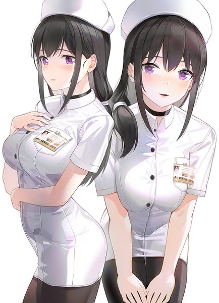 Anime picture 904x1250 with original kfr long hair tall image looking at viewer blush fringe breasts open mouth black hair simple background hair between eyes standing white background purple eyes payot light smile leaning leaning forward hand on chest