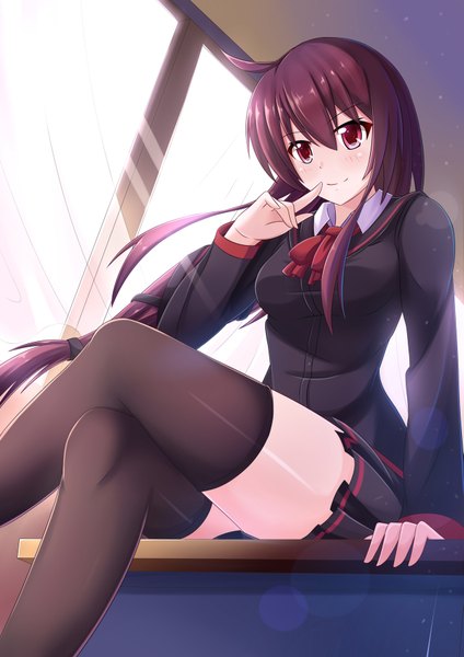 Anime picture 1273x1800 with original nugi (armenci) single long hair tall image looking at viewer blush red eyes purple hair pleated skirt light smile wind crossed legs finger to mouth girl thighhighs skirt uniform black thighhighs school uniform