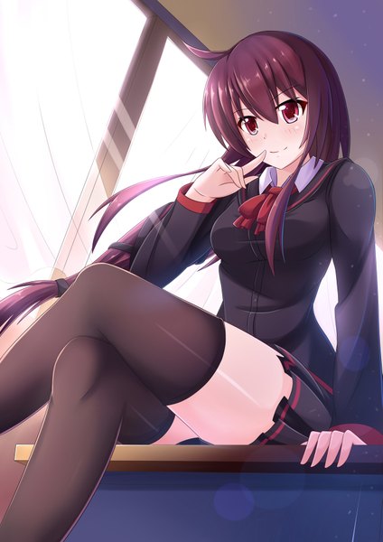 Anime-Bild 1273x1800 mit original nugi (armenci) single long hair tall image looking at viewer blush red eyes purple hair pleated skirt light smile wind crossed legs finger to mouth girl thighhighs skirt uniform black thighhighs school uniform