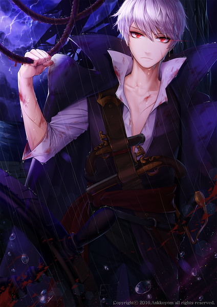 Anime picture 1100x1556 with original ango single tall image looking at viewer fringe short hair hair between eyes red eyes silver hair rain lightning storm boy weapon sword gun blood water drop watercraft