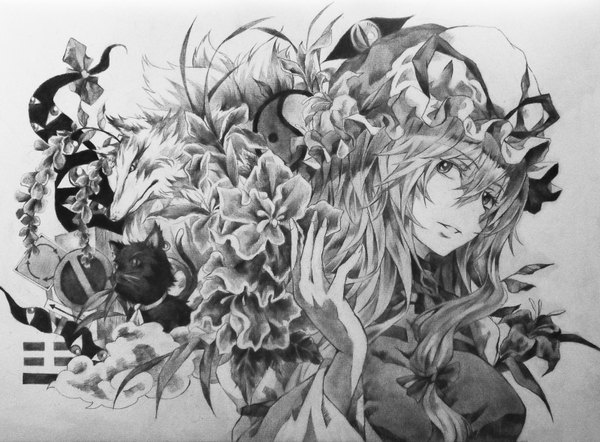 Anime picture 3196x2356 with touhou yakumo yukari yakumo ran chen chen (cat) yakumo ran (fox) neko (yanshoujie) single long hair looking at viewer highres open mouth simple background absurdres light smile grey background monochrome multiple tails traditional media yin yang