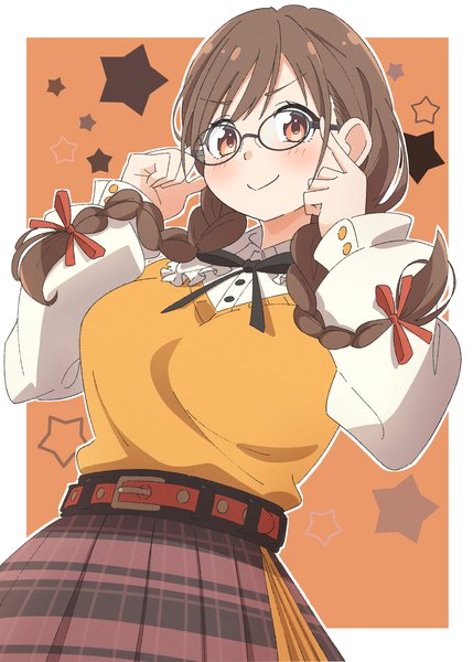 Anime picture 1066x1491 with idolmaster idolmaster shiny colors sonoda chiyoko eito12 single long hair tall image looking at viewer blush smile red eyes brown hair upper body braid (braids) twin braids border outside border adjusting glasses girl glasses