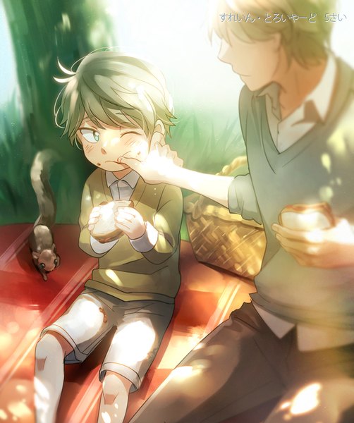 Anime picture 670x800 with aldnoah.zero a-1 pictures slaine troyard aki (neyuki41028) tall image blush short hair sitting holding looking away profile aqua eyes grey hair sunlight multiple boys hand on another's face food on face picnic boy plant (plants)