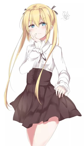 Anime picture 1024x1786 with kill me baby j.c. staff sonya (kill me baby) namuru (kurinton) single long hair tall image blush fringe breasts blue eyes simple background blonde hair hair between eyes white background twintails signed looking away pleated skirt alternate costume