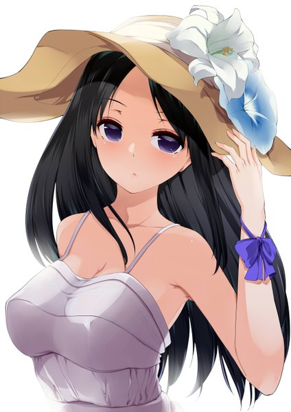 Anime picture 989x1400 with original amasora taichi single long hair tall image looking at viewer fringe breasts black hair simple background white background purple eyes bare shoulders cleavage upper body parted lips arm up :o armpit (armpits) adjusting hat