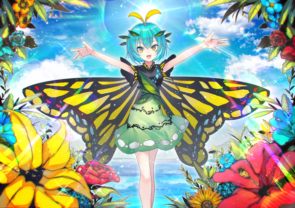 Anime picture 1200x849 with touhou eternity larva kusakanmuri single looking at viewer fringe short hair open mouth hair between eyes standing yellow eyes sky cloud (clouds) outdoors :d aqua hair sparkle spread arms insect wings butterfly wings