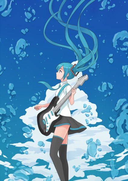 Anime picture 849x1200 with vocaloid hatsune miku suya (suya000) single tall image twintails cloud (clouds) very long hair profile aqua eyes aqua hair looking up girl thighhighs skirt black thighhighs miniskirt bubble (bubbles) guitar