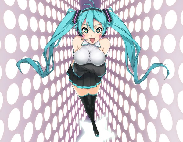 Anime picture 1923x1500 with vocaloid hatsune miku blight essence highres breasts open mouth light erotic smile large breasts twintails bare shoulders pleated skirt aqua hair zettai ryouiki polka dot polka dot background girl thighhighs skirt detached sleeves