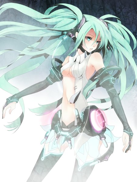Anime picture 1200x1597 with vocaloid vocaloid append hatsune miku hatsune miku (append) plastick single tall image breasts open mouth light erotic twintails very long hair aqua eyes aqua hair girl thighhighs gloves underwear panties elbow gloves
