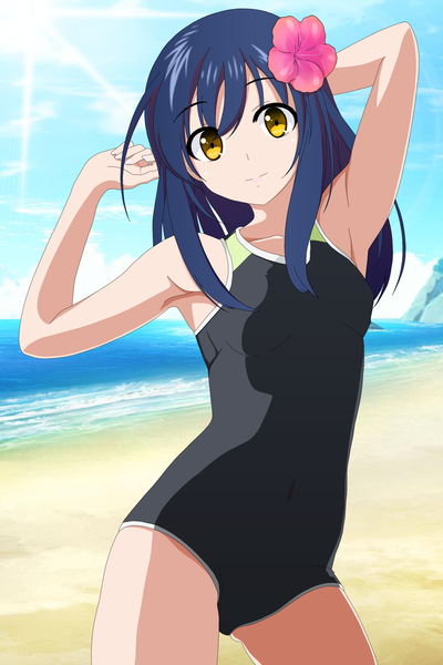 Anime picture 1667x2500 with shokugeki no soma j.c. staff tadokoro megumi shugo19 single long hair tall image looking at viewer light erotic smile yellow eyes blue hair sky cloud (clouds) hair flower armpit (armpits) beach covered navel ass visible through thighs arm behind head