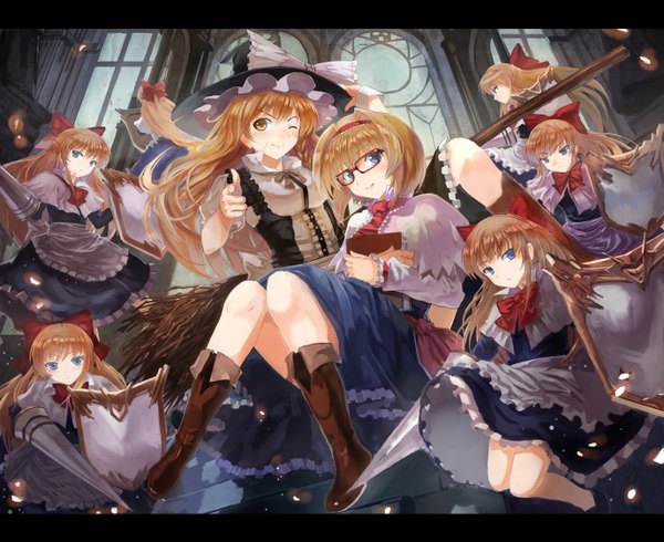 Anime picture 1375x1125 with touhou kirisame marisa alice margatroid shanghai ultimate asuka long hair blush short hair blue eyes blonde hair smile multiple girls brown eyes one eye closed wink single braid witch girl dress bow