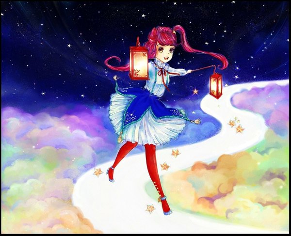 Anime picture 1280x1039 with original bluesaga331 long hair pink hair sky cloud (clouds) night night sky girl dress shoes star (stars) lamp road path
