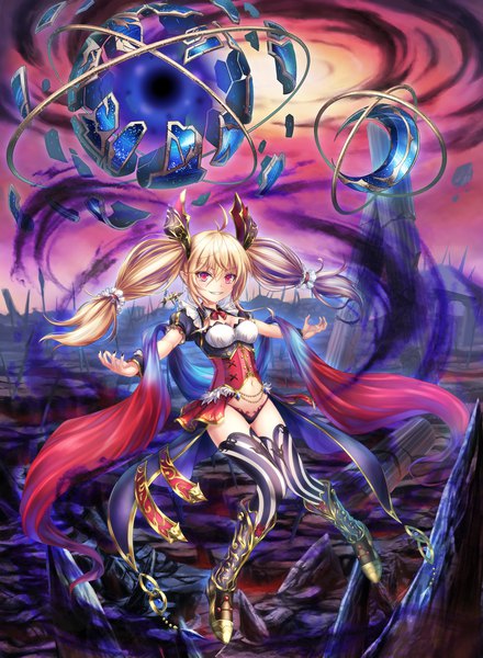 Anime picture 1907x2603 with original tiphereth single long hair tall image looking at viewer blush fringe highres breasts light erotic blonde hair smile hair between eyes red eyes twintails payot sky cleavage full body