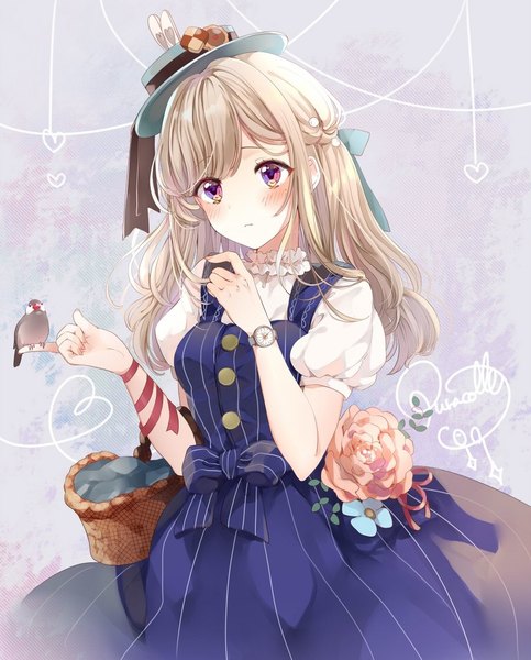Anime picture 900x1116 with original puracotte single long hair tall image blush fringe blonde hair standing purple eyes signed looking away grey background puffy sleeves half updo multicolored eyes heart of string bird on hand girl dress